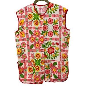 Vintage Retro 70s Colorful Handmade Floral Button Up Vest Apron Square Pockets
